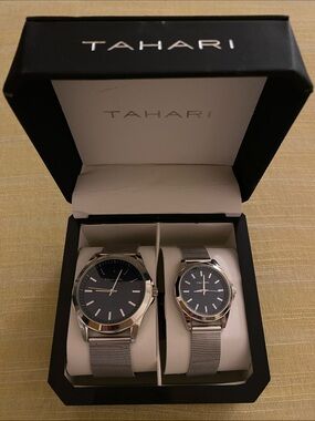 NWT Tahari Silver Mesh Strap Watches with Black Dials (Pair) (Male, Female)